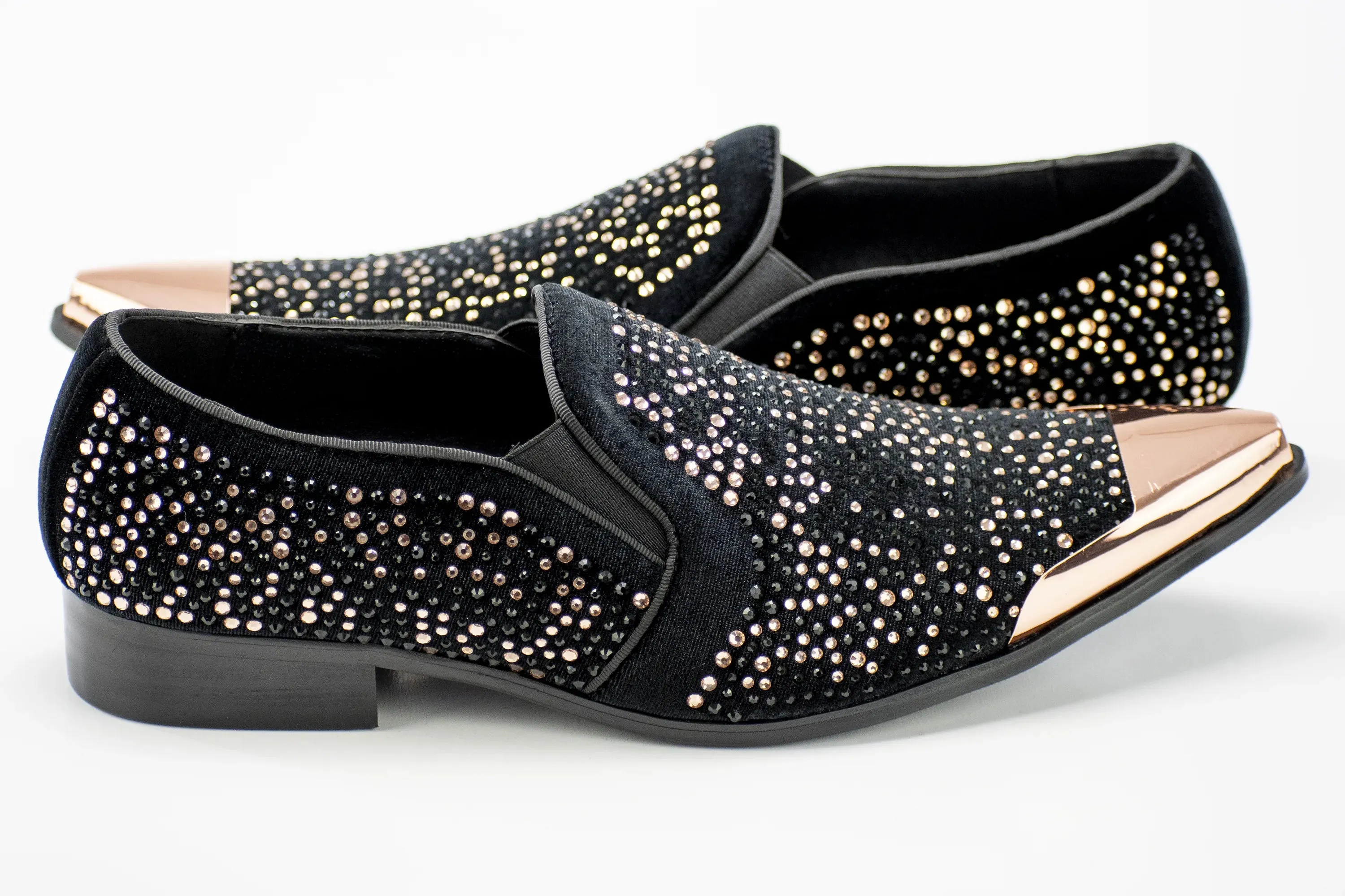 Black Velvet & Rose Gold Jeweled Smoking Loafers With Metal Tip
