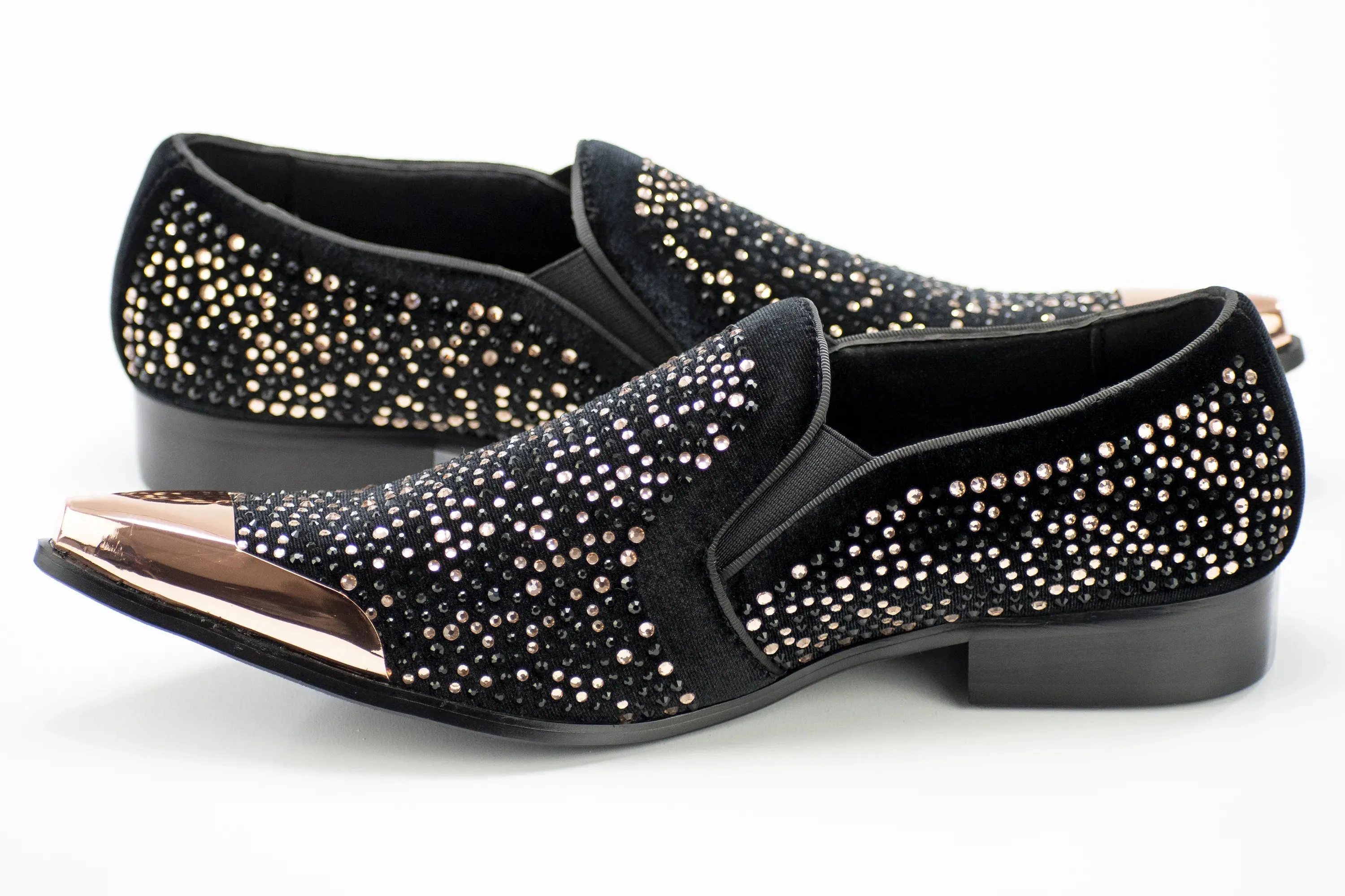 Black Velvet & Rose Gold Jeweled Smoking Loafers With Metal Tip