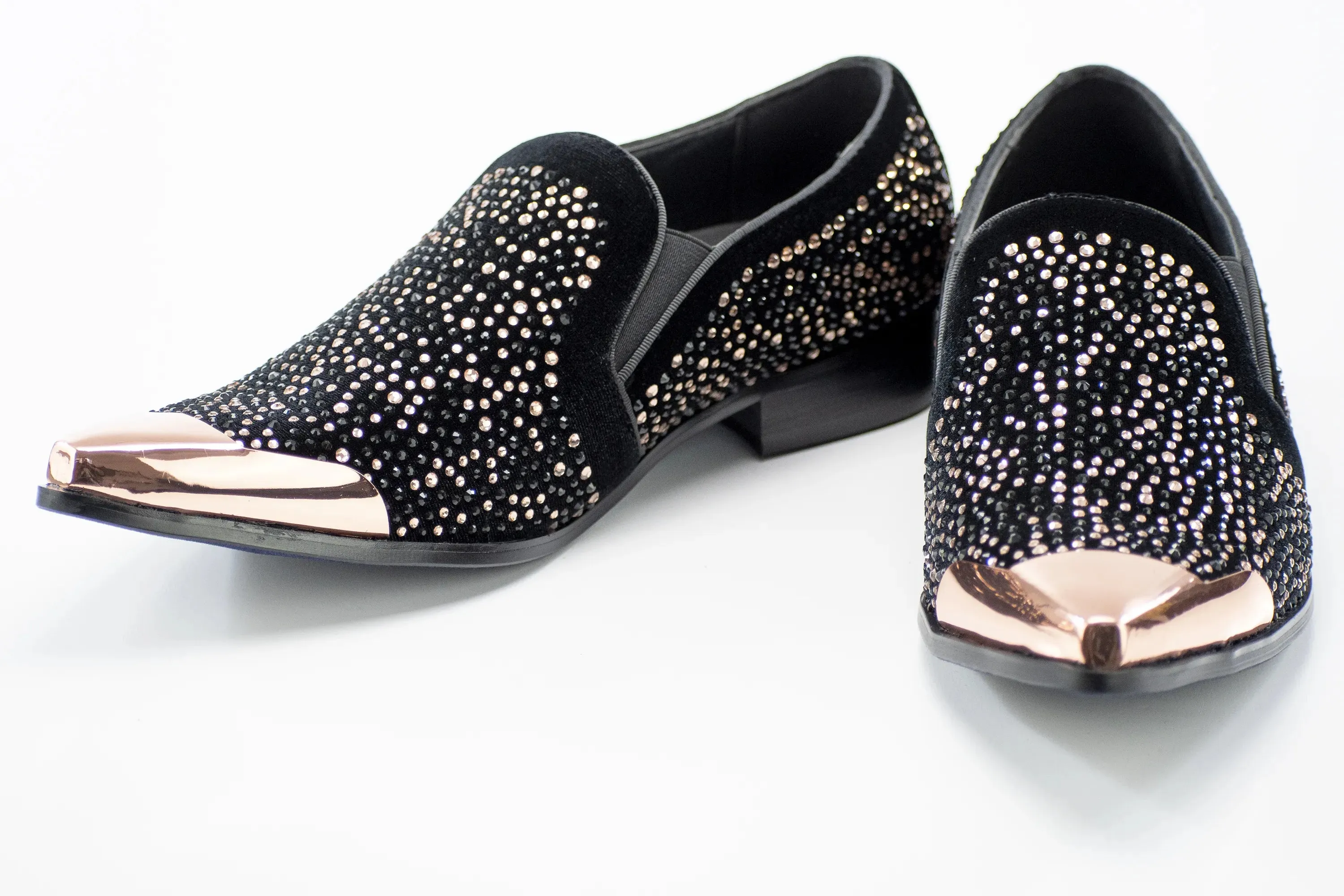 Black Velvet & Rose Gold Jeweled Smoking Loafers With Metal Tip