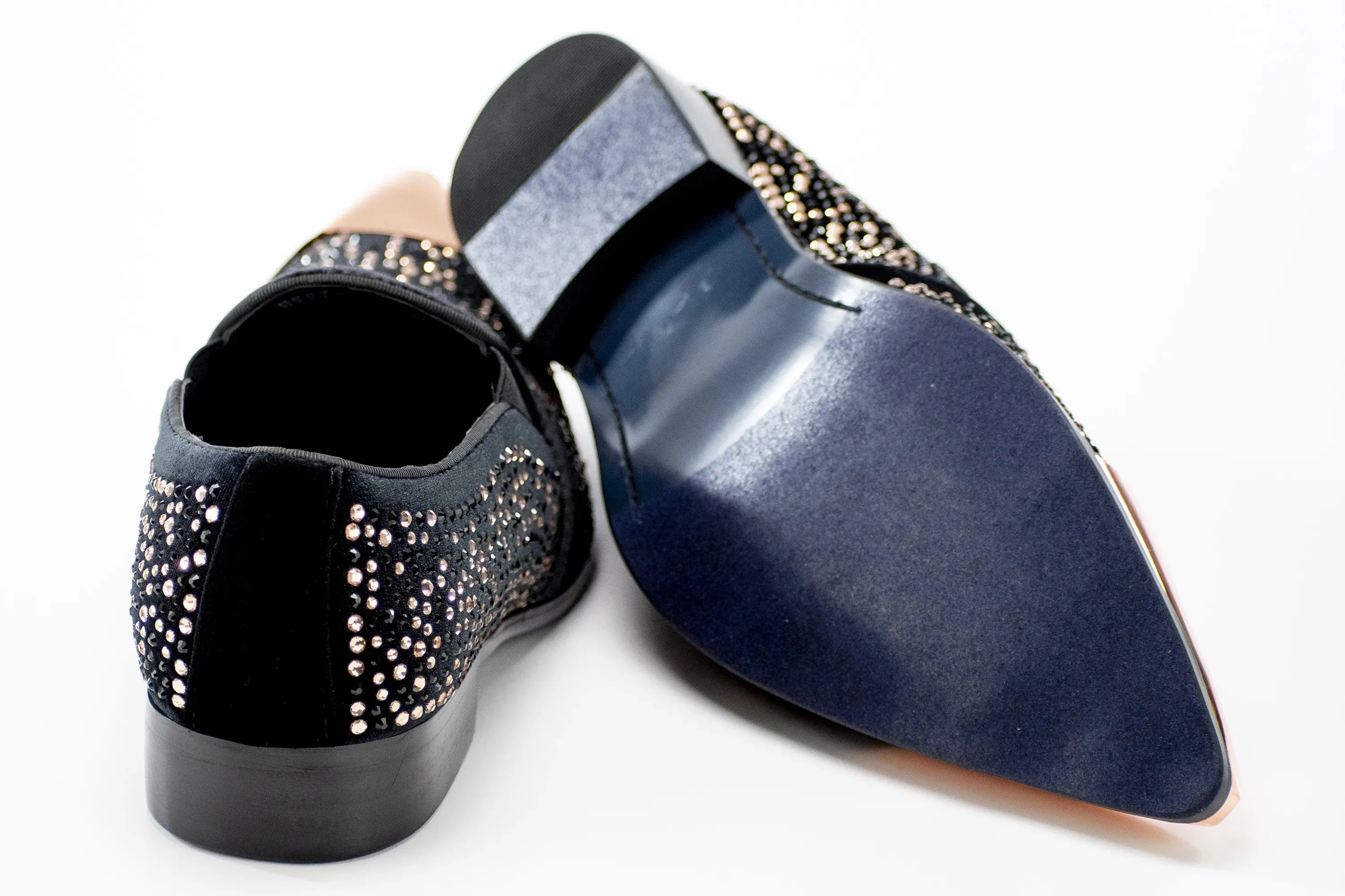 Black Velvet & Rose Gold Jeweled Smoking Loafers With Metal Tip