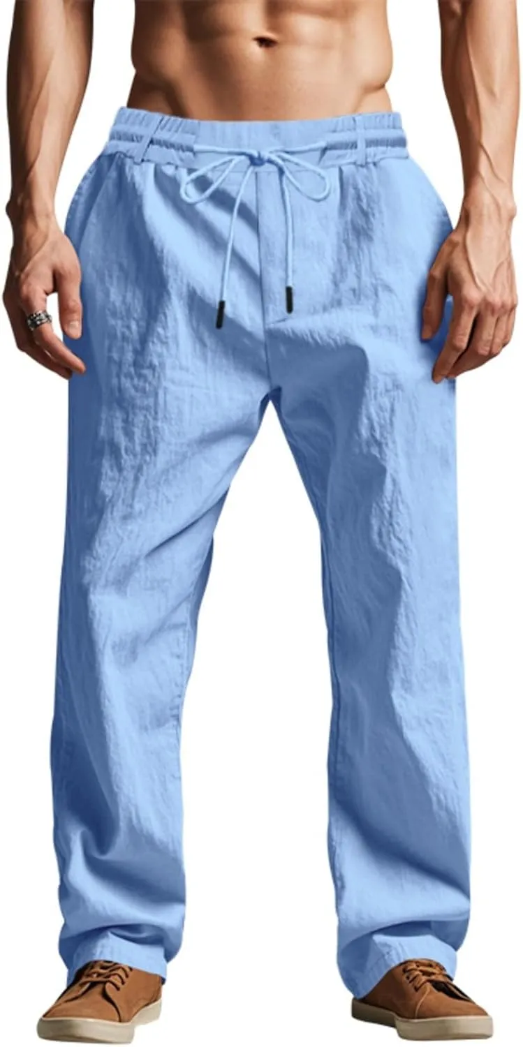 Cotton Men's Linen Drawstring Pants Comfortable Relaxed Fit Beachwear Summer Casual Lounge Pants for Travel Slacks