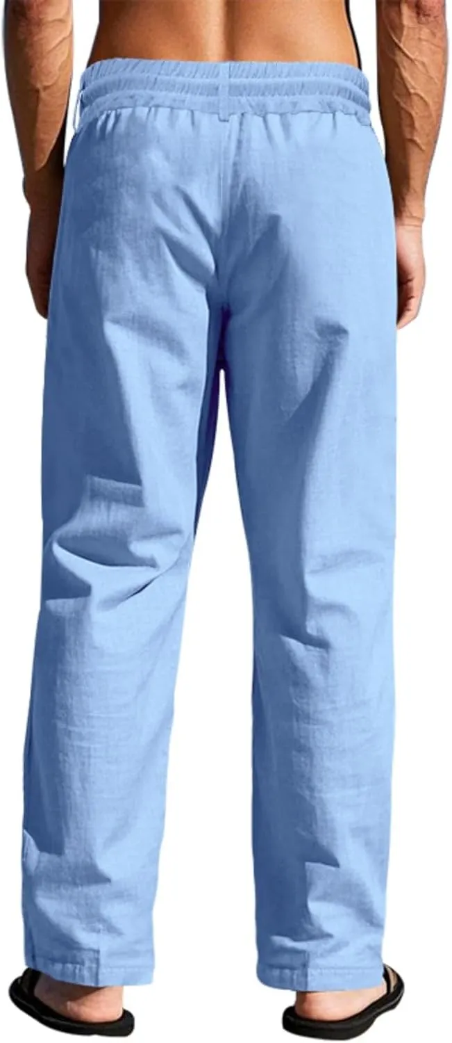Cotton Men's Linen Drawstring Pants Comfortable Relaxed Fit Beachwear Summer Casual Lounge Pants for Travel Slacks