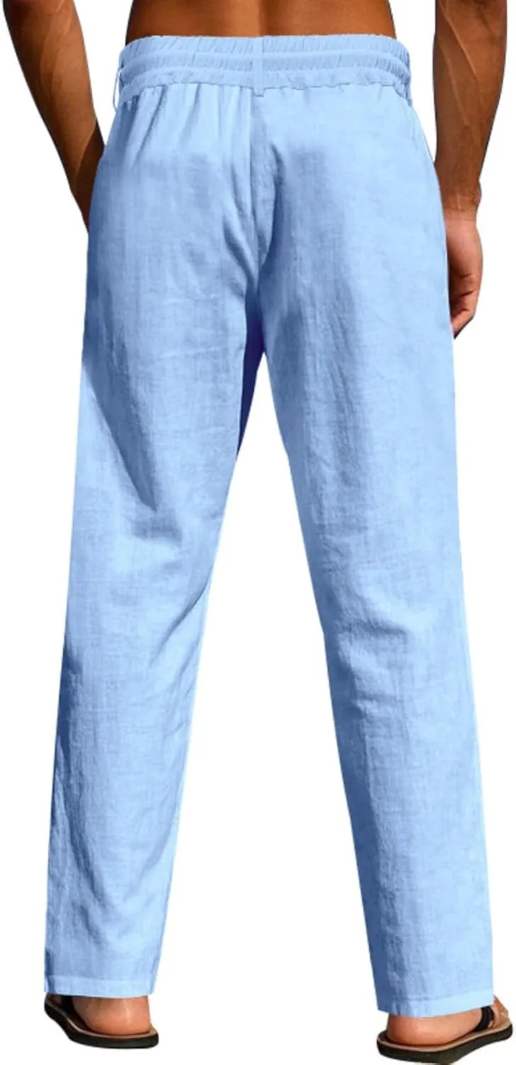 Cotton Men's Linen Drawstring Pants Comfortable Relaxed Fit Beachwear Summer Casual Lounge Pants for Travel Slacks