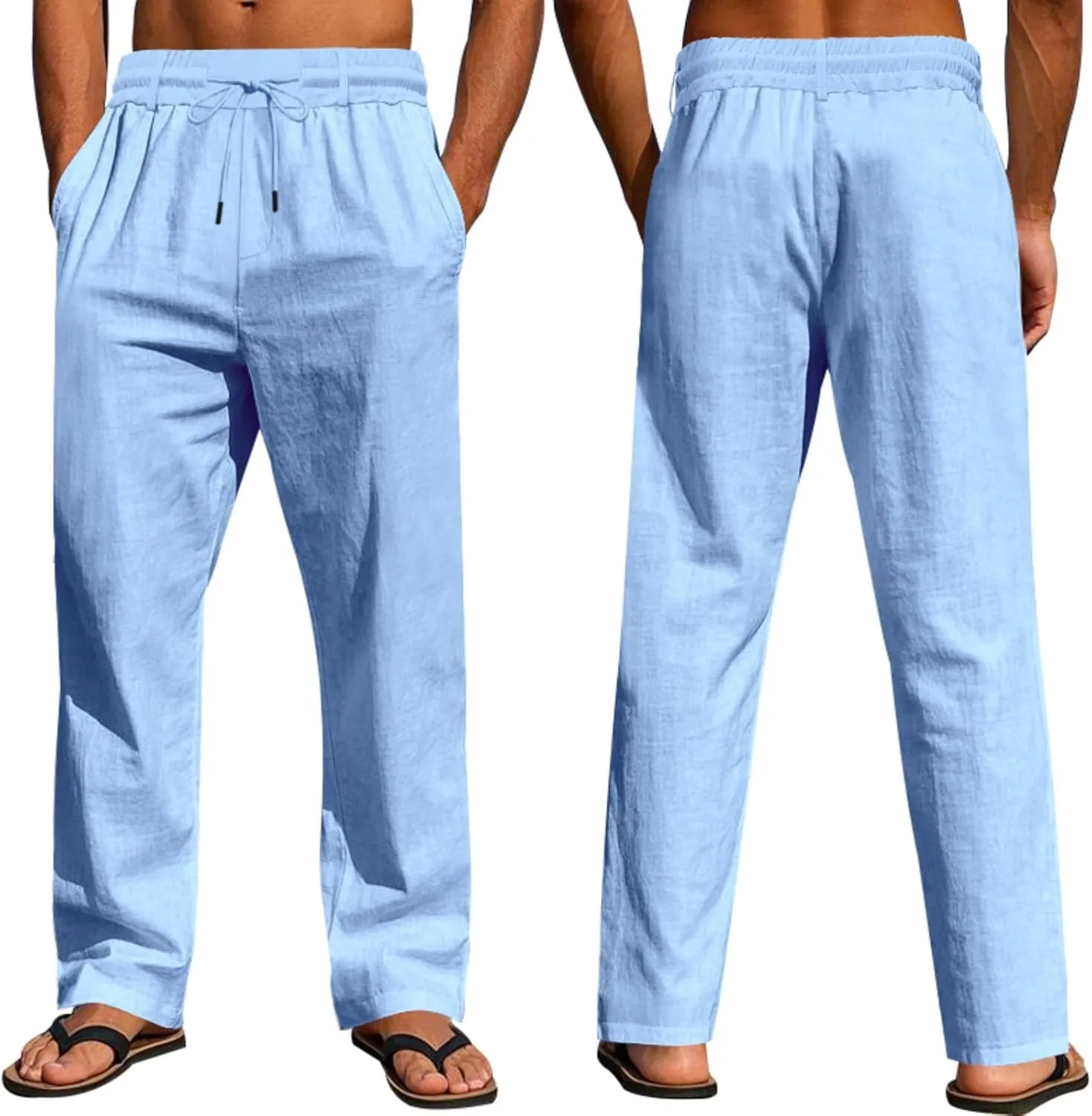 Cotton Men's Linen Drawstring Pants Comfortable Relaxed Fit Beachwear Summer Casual Lounge Pants for Travel Slacks