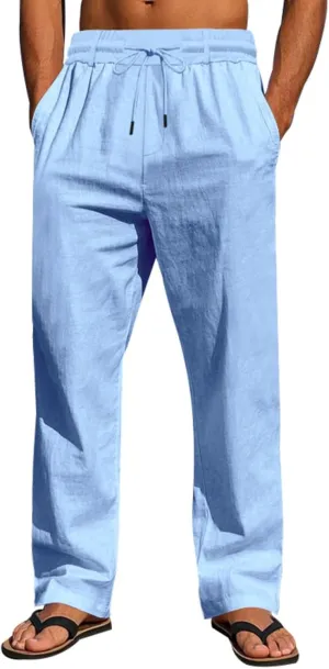 Cotton Men's Linen Drawstring Pants Comfortable Relaxed Fit Beachwear Summer Casual Lounge Pants for Travel Slacks