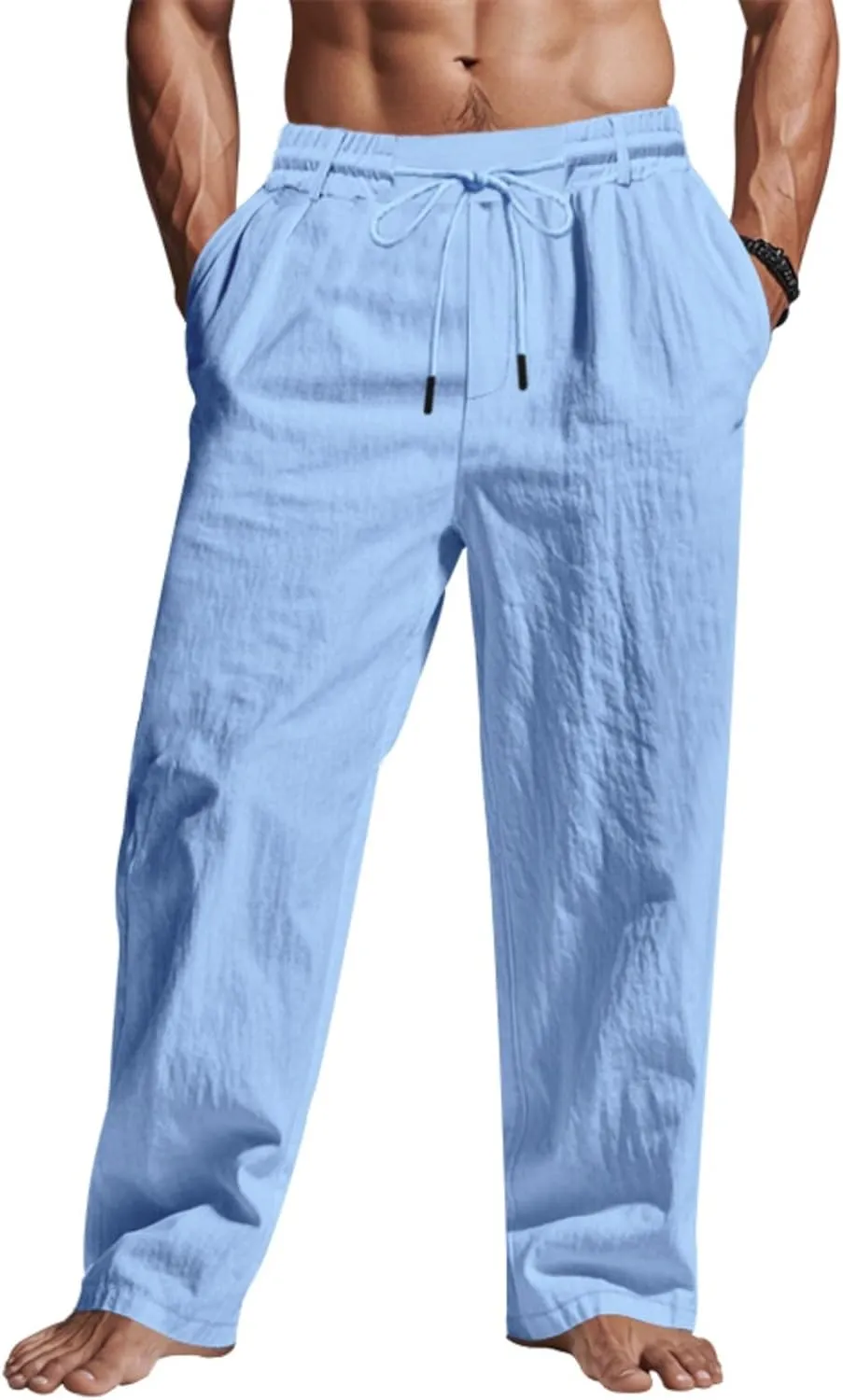 Cotton Men's Linen Drawstring Pants Comfortable Relaxed Fit Beachwear Summer Casual Lounge Pants for Travel Slacks