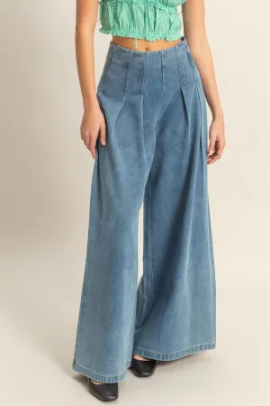 HF25A421-Washed Denim Pleated Wide Leg Pants
