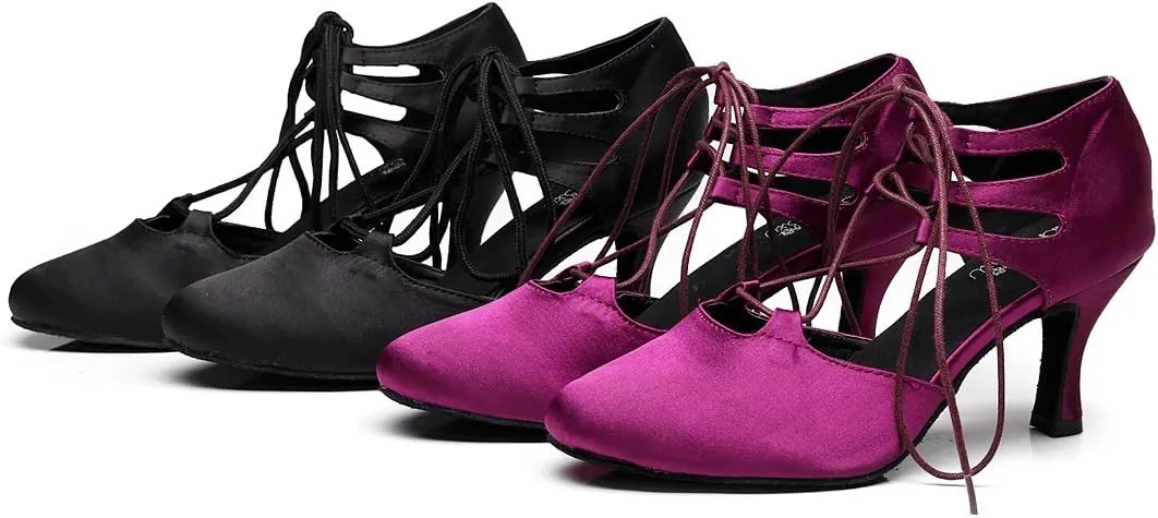 Minishion TJ7137 Women's Girls Lace-up Satin Tango Latin Dancing Shoes Evening Pumps