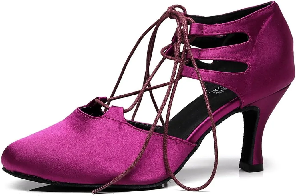 Minishion TJ7137 Women's Girls Lace-up Satin Tango Latin Dancing Shoes Evening Pumps