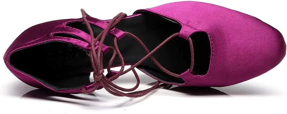 Minishion TJ7137 Women's Girls Lace-up Satin Tango Latin Dancing Shoes Evening Pumps