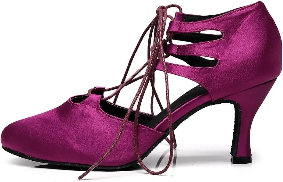 Minishion TJ7137 Women's Girls Lace-up Satin Tango Latin Dancing Shoes Evening Pumps