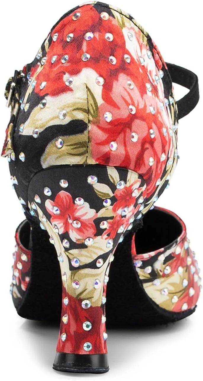 Minishion Women's TH141 Print Floral Satin Wedding Ballroom Latin Taogo Dance Pumps Shoes
