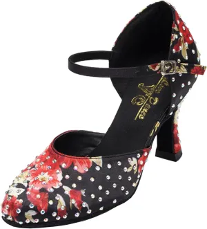 Minishion Women's TH141 Print Floral Satin Wedding Ballroom Latin Taogo Dance Pumps Shoes