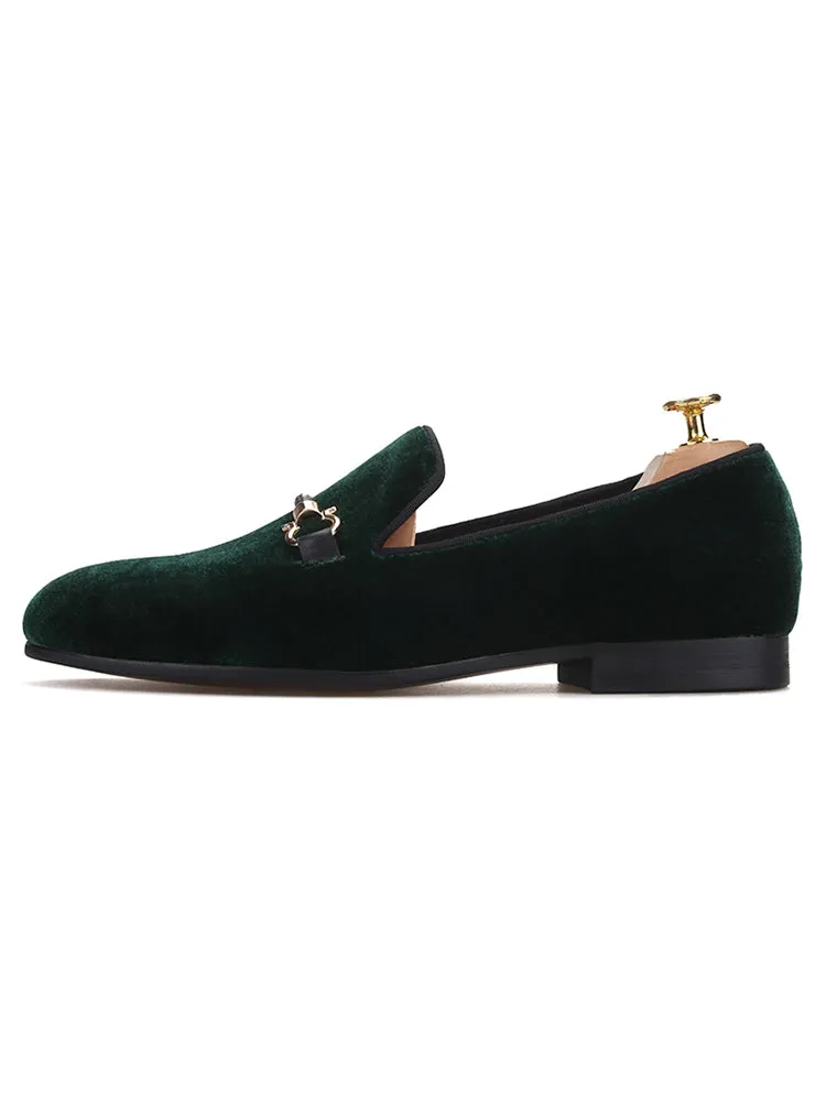 New dark green velvet loafers for men European and American style big-name metal buckle men's loafers slip-on casual shoes