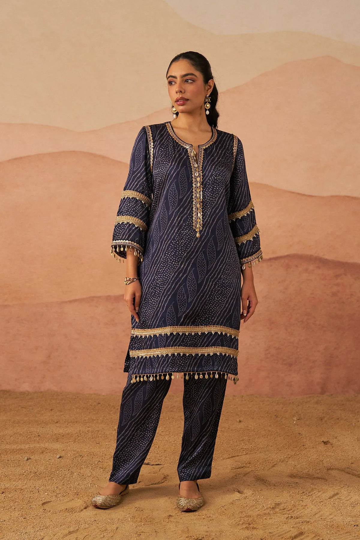 Satin Blue A-Line Bandhej Set with Potli and Dupatta