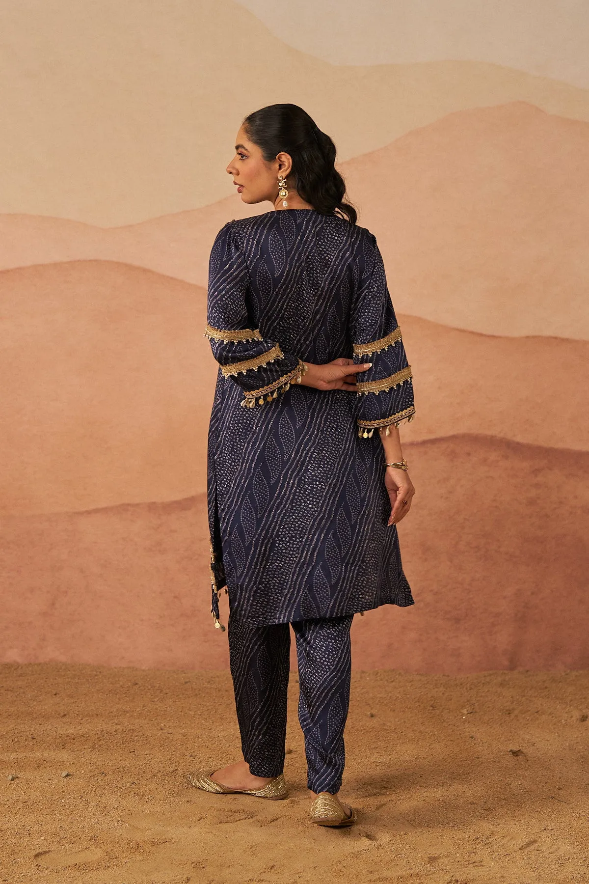 Satin Blue A-Line Bandhej Set with Potli and Dupatta