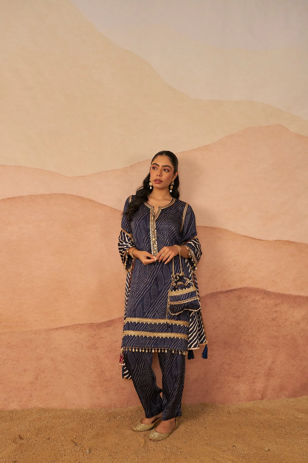 Satin Blue A-Line Bandhej Set with Potli and Dupatta