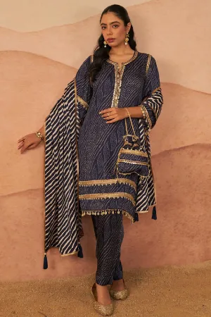 Satin Blue A-Line Bandhej Set with Potli and Dupatta
