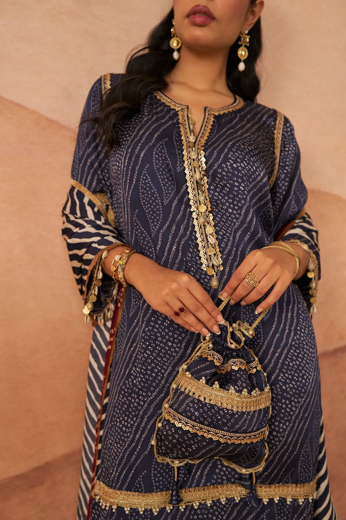 Satin Blue A-Line Bandhej Set with Potli and Dupatta