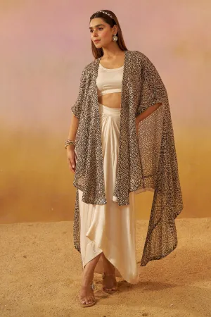 Shimmering Noir Cape with Playful Dhoti Skirt and Bustier