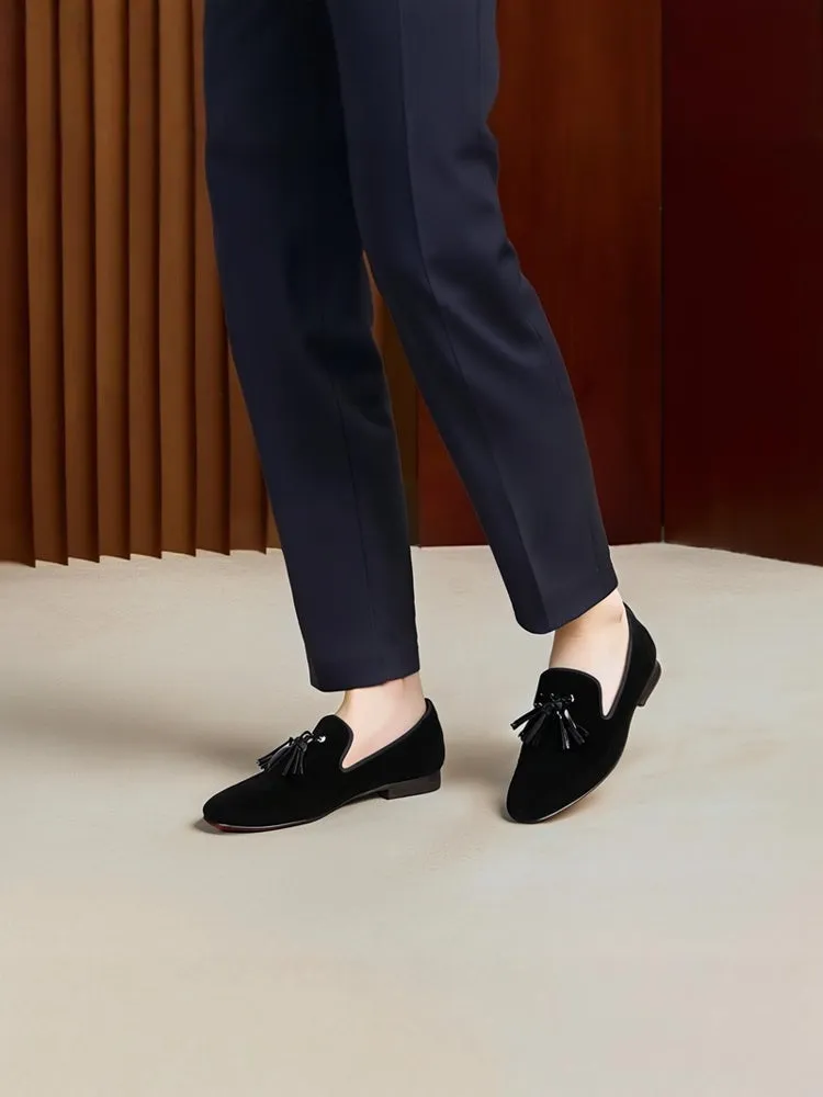 Summer men's velvet loafers, handmade cowhide rivets, tassels, European and American trendy slip-on red-soled shoes for men