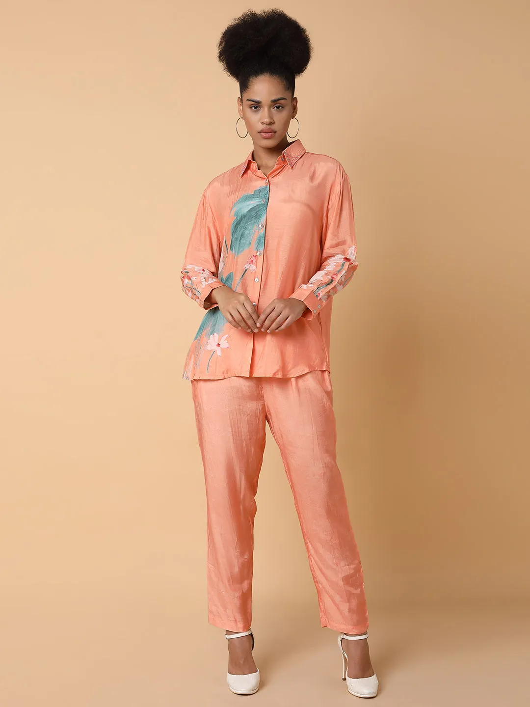 Women Printed Collared Peach Co-Ord Set