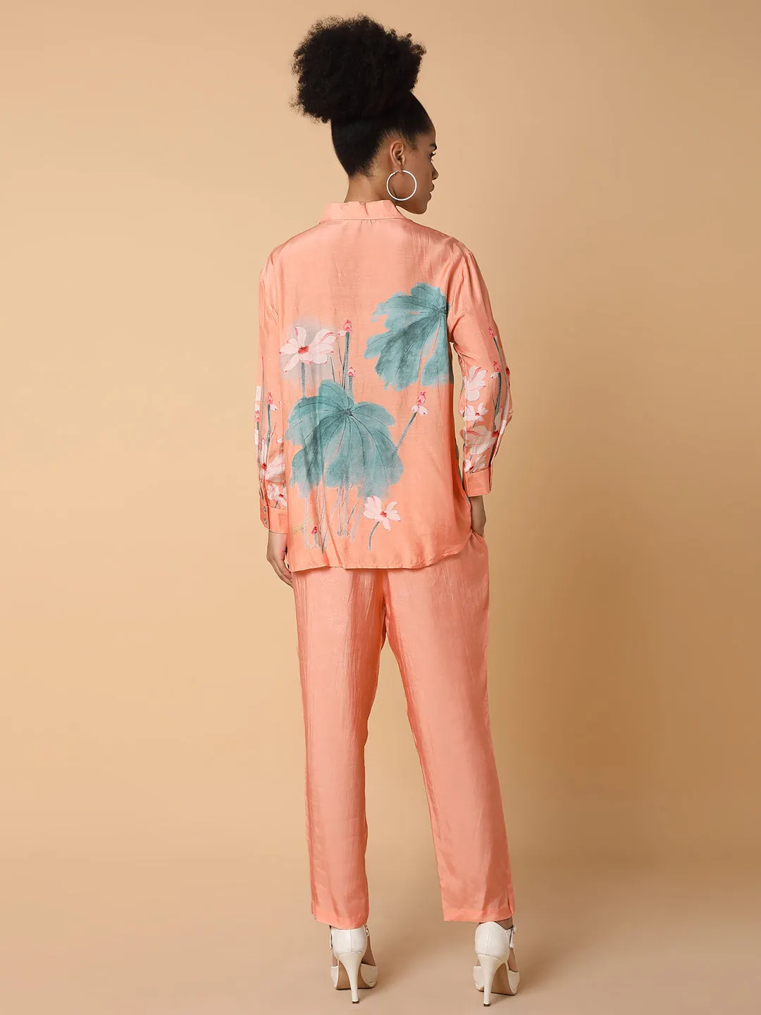 Women Printed Collared Peach Co-Ord Set