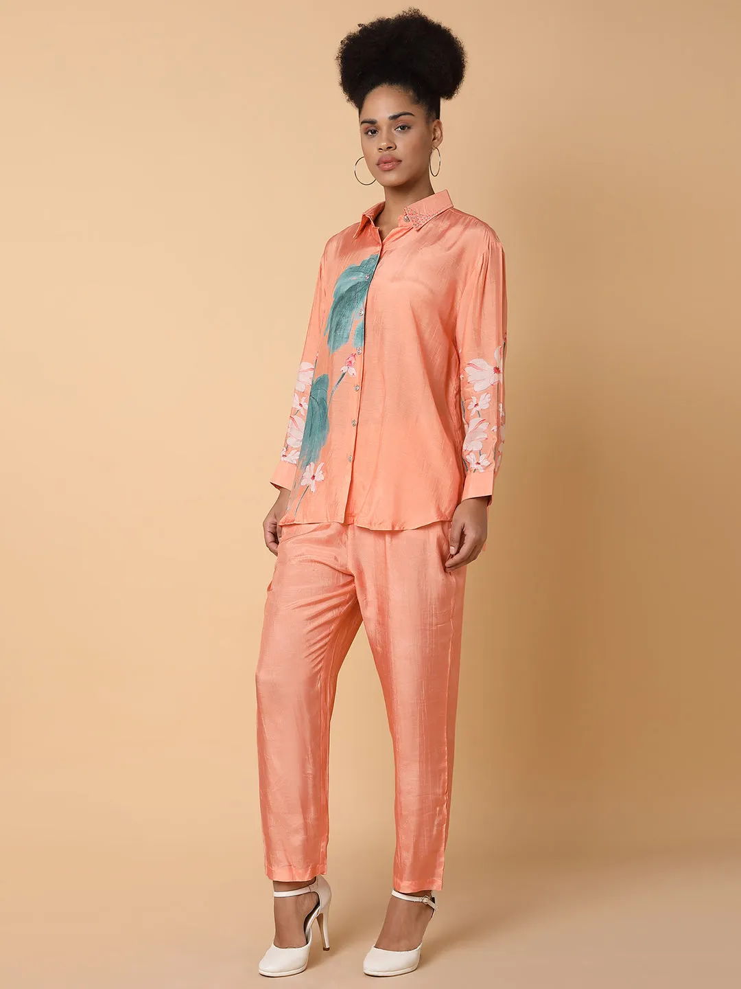 Women Printed Collared Peach Co-Ord Set