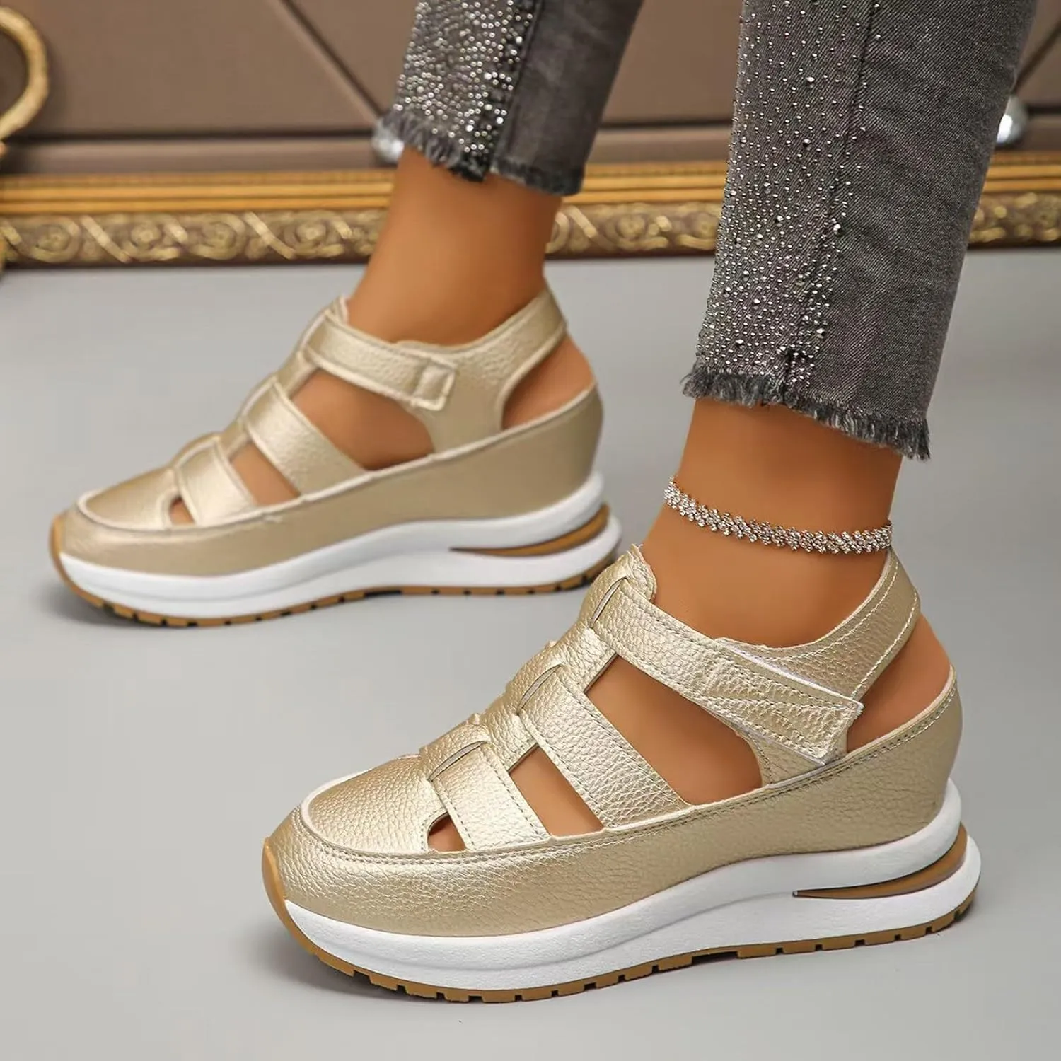 Womens Platform Sandals Comfortable Hollow Out Breathable Closed Toe Wedge Shoes Casual Stylish Arch Support Ankle Strap Orthopedic Leather Sandals