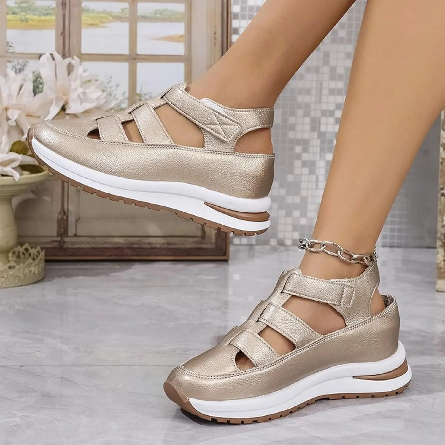 Womens Platform Sandals Comfortable Hollow Out Breathable Closed Toe Wedge Shoes Casual Stylish Arch Support Ankle Strap Orthopedic Leather Sandals