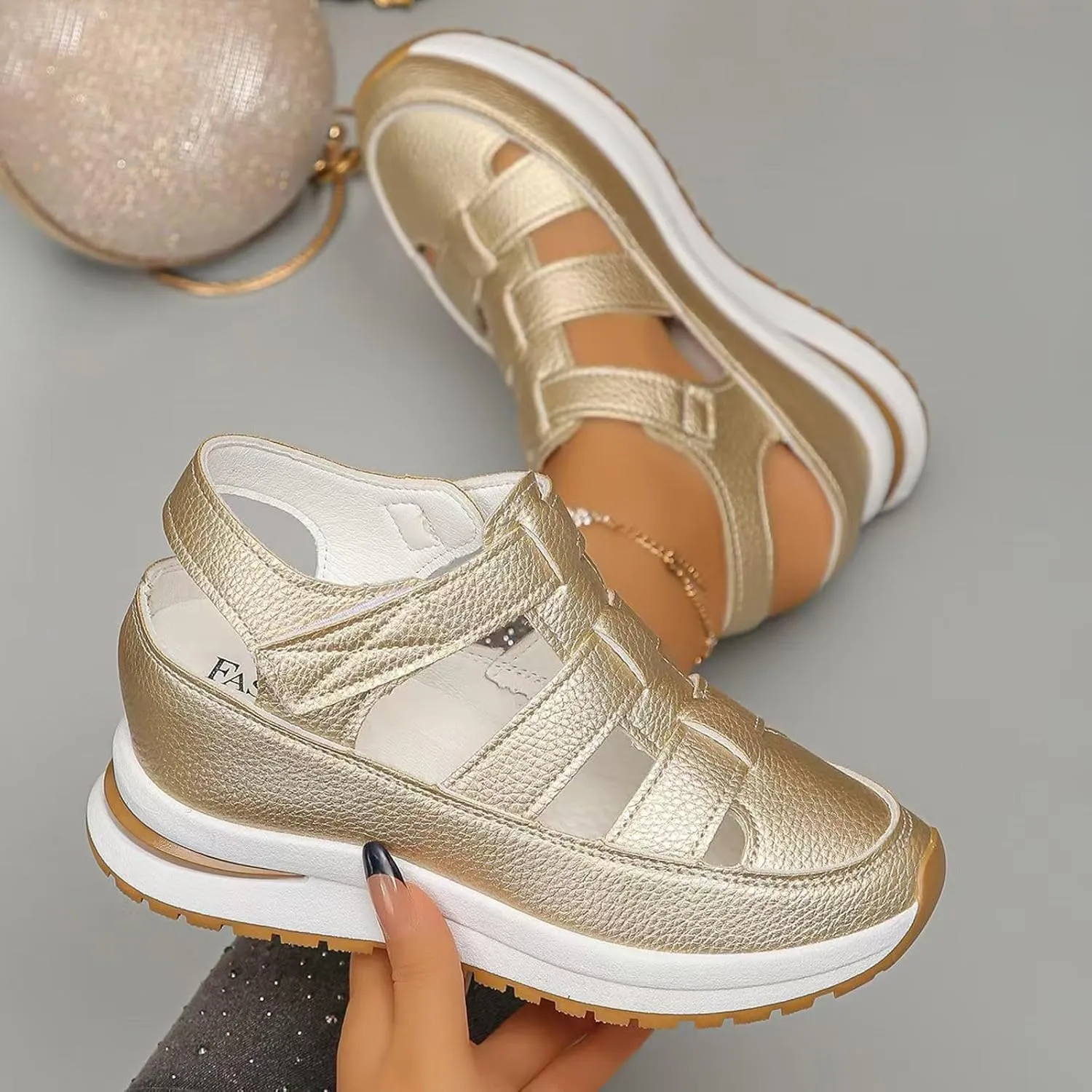 Womens Platform Sandals Comfortable Hollow Out Breathable Closed Toe Wedge Shoes Casual Stylish Arch Support Ankle Strap Orthopedic Leather Sandals