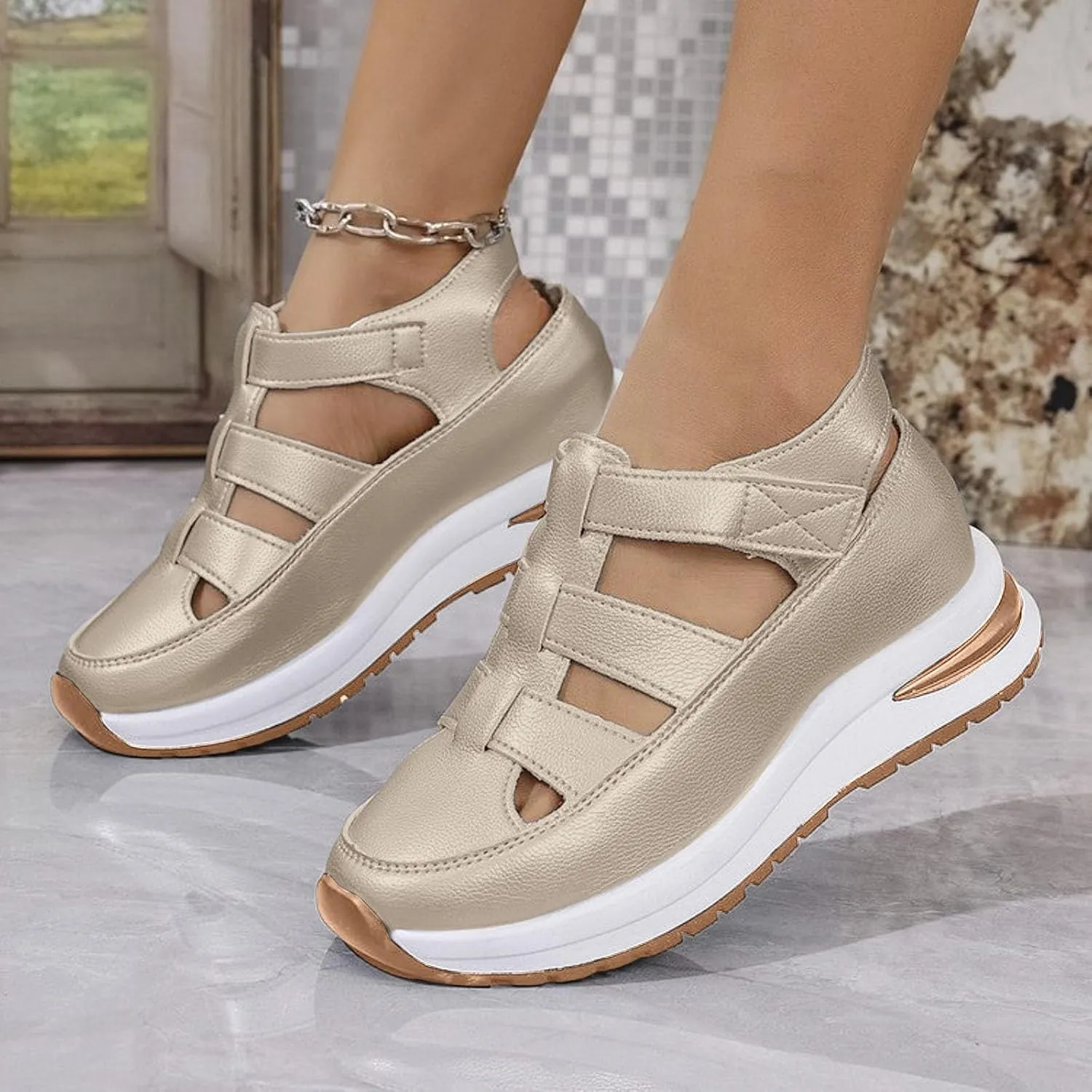 Womens Platform Sandals Comfortable Hollow Out Breathable Closed Toe Wedge Shoes Casual Stylish Arch Support Ankle Strap Orthopedic Leather Sandals