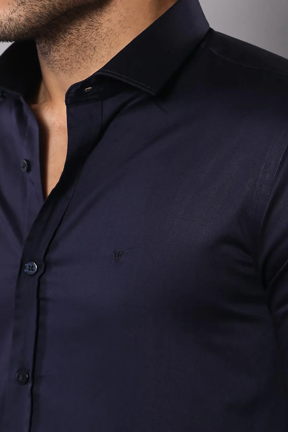 WSS Cotton Satin Slim Fit Long Sleeves Plain Navy Blue Men Shirt  - Singen
