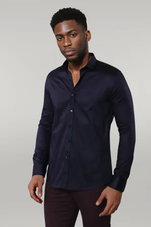 WSS Cotton Satin Slim Fit Long Sleeves Plain Navy Blue Men Shirt  - Singen
