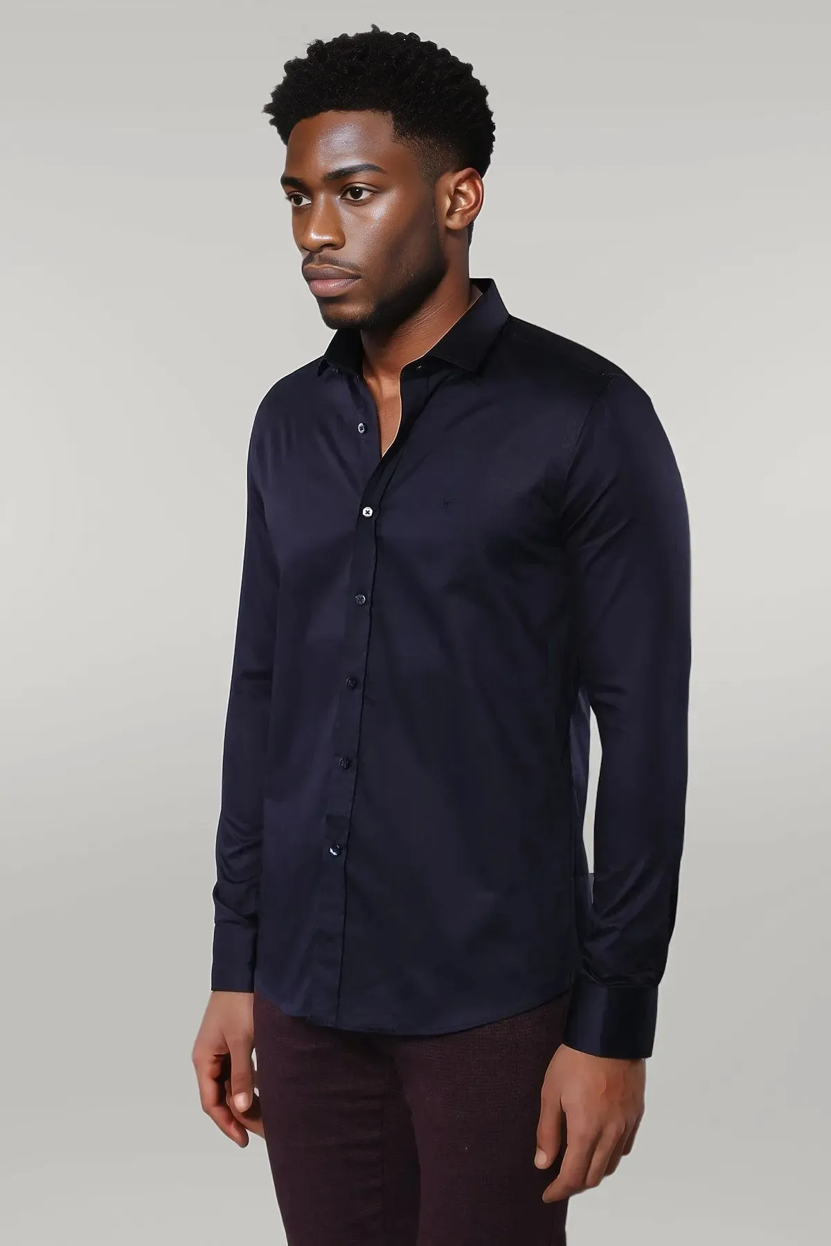 WSS Cotton Satin Slim Fit Long Sleeves Plain Navy Blue Men Shirt  - Singen