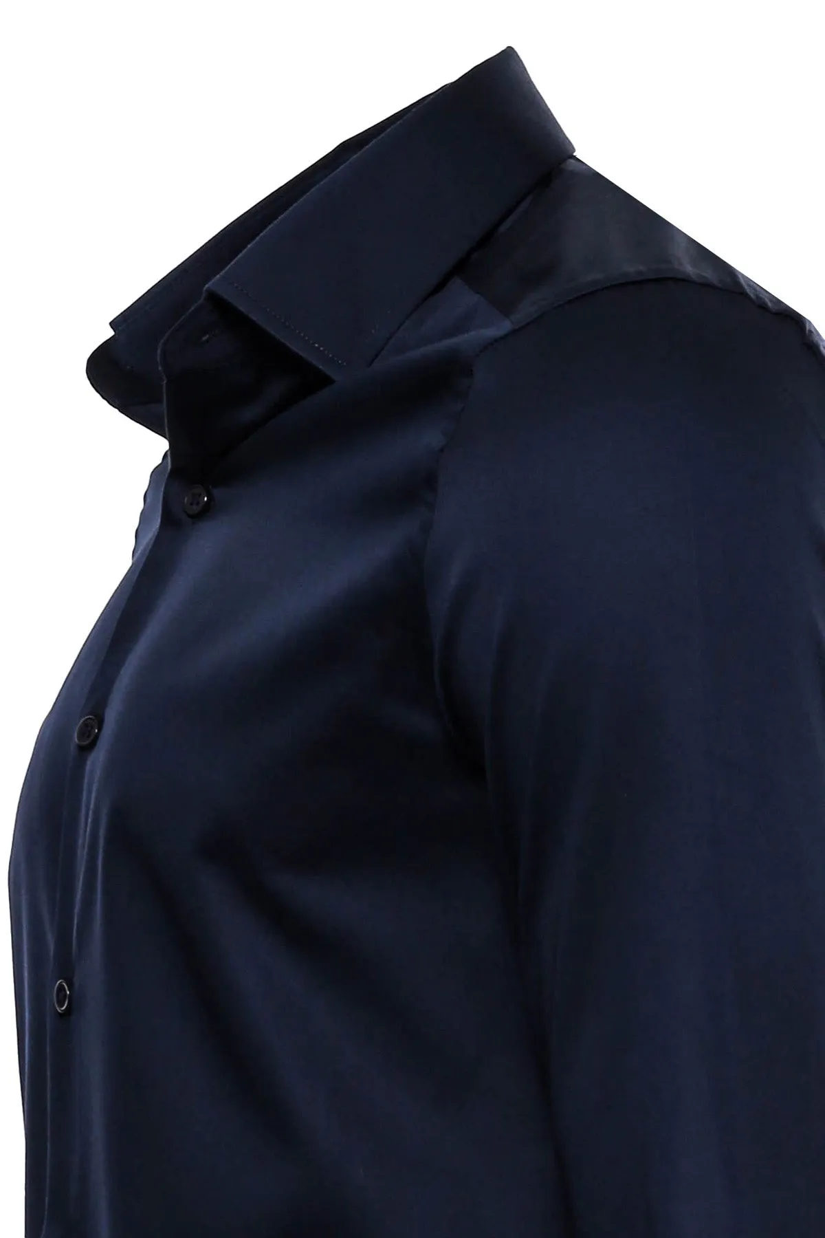 WSS Cotton Satin Slim Fit Long Sleeves Plain Navy Blue Men Shirt  - Singen