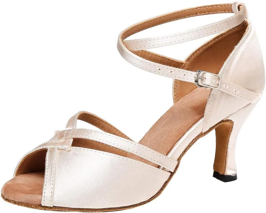 YKXLM Latin Ballroom Dance Shoes for Women Practice Dance Heels Performance Party Dance Shoes Peep-Toe, Beige-8 Heel-8.5 US