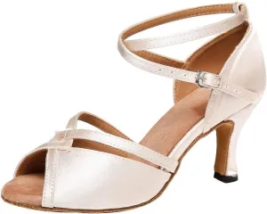 YKXLM Latin Ballroom Dance Shoes for Women Practice Dance Heels Performance Party Dance Shoes Peep-Toe, Beige-8 Heel-8.5 US