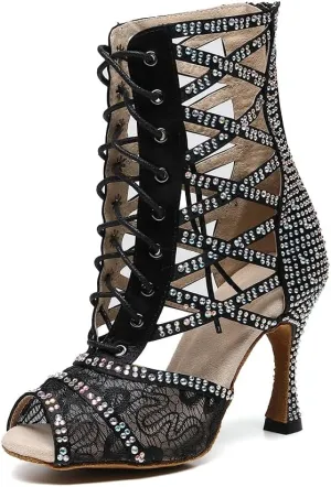 YKXLM Women's Peep Toe Mesh Ballroom Dancing Boots High Heels Lace-up Ankle Dance Shoes,9009