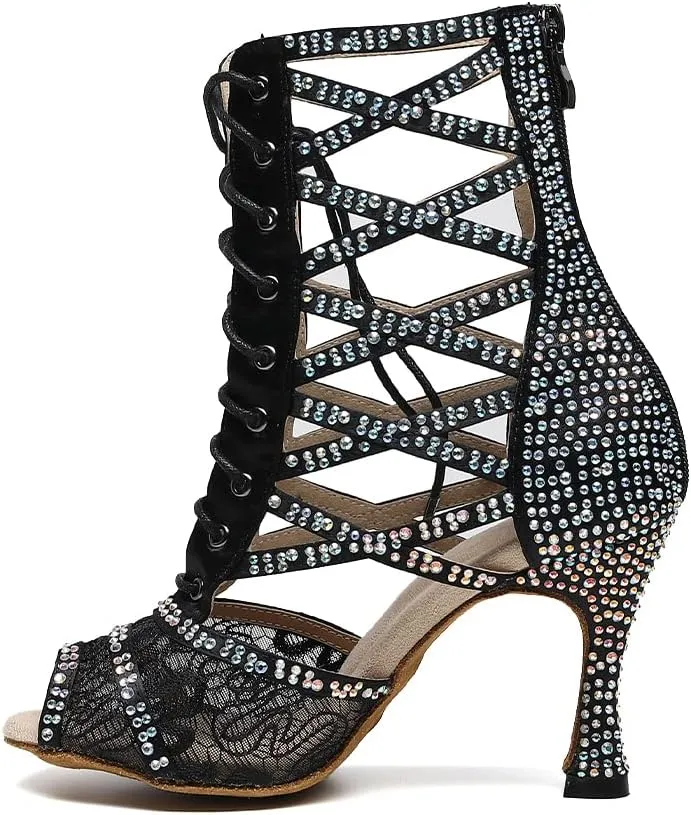 YKXLM Women's Peep Toe Mesh Ballroom Dancing Boots High Heels Lace-up Ankle Dance Shoes,9009